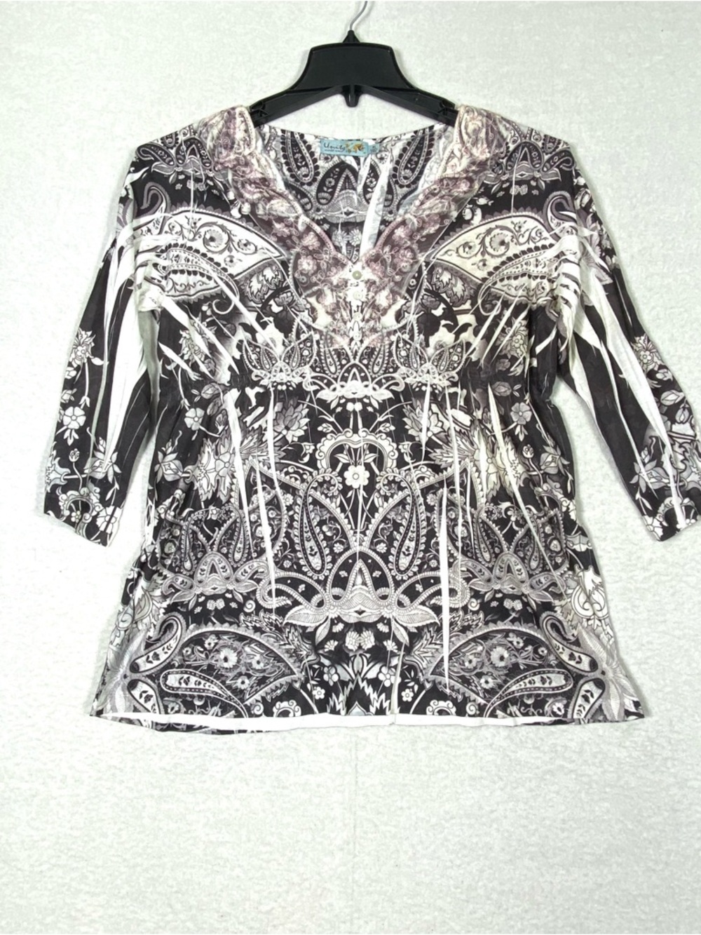 Unity World Wear Floral Blouse Womens PL Black White Sublimation Lace 3/4 Sleeve